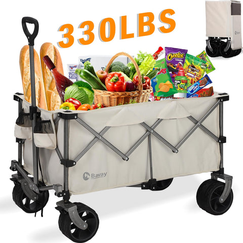 220L Beach Wagon with Big Wheels, Collapsible Folding Wagon with 330lbs Capacity, Utility Grocery Wagons with Brakes, Portable Garden Cart, Beach Cart for Camping Shopping