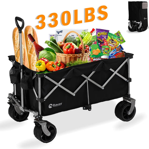 220L Beach Wagon with Big Wheels, Collapsible Folding Wagon with 330lbs Capacity, Utility Grocery Wagons with Brakes, Portable Garden Cart, Beach Cart for Camping Shopping