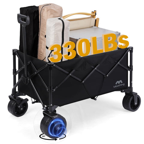 Collapsible Folding Wagon with 330lbs Loading Capacity, Beach Wagon Carts with Big Wheels, Utility Wagon Cart, Heavy Duty Garden Cart, Portable Grocery Wagon for All Terrain