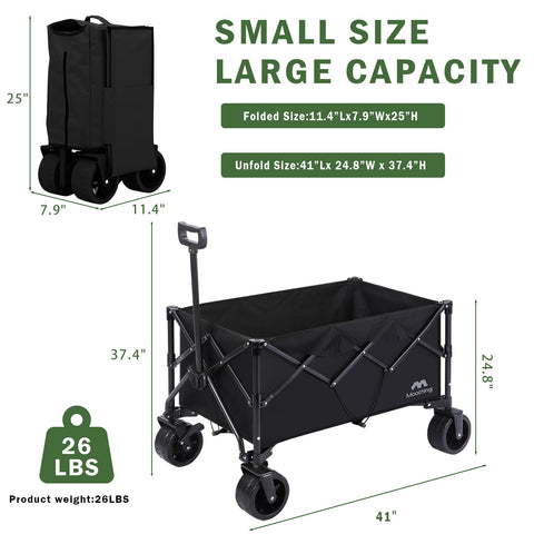 Collapsible Folding Wagon with 330lbs Loading Capacity, Beach Wagon Carts with Big Wheels, Utility Wagon Cart, Heavy Duty Garden Cart, Portable Grocery Wagon for All Terrain